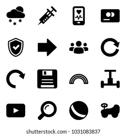 Solid vector icon set - snowfall vector, syringe, mobile heart monitor, credit card, shield check, right arrow, group, reload, redo, save, rainbow, gyroscope, playback, magnifier, ball, baby car