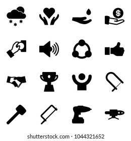 Solid vector icon set - snowfall vector, heart care, drop hand, investment, cash pay, volume max, social, like, agreement, cup, success, fretsaw, rubber hammer, metal hacksaw, drill, pipe welding