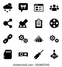 Solid vector icon set - snowfall vector, bow message, website, group, share, check, clipboard, film coil, link, gears, tent, gear, micro flash card, projector, screwdriver, wirligig toy