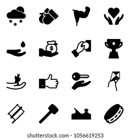 Solid vector icon set - snowfall vector, gloves, power hand, heart care, drop, investment, cash pay, cup, sprout, finger up, key, kite, bucksaw, rubber hammer, jointer, tambourine