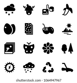 Solid vector icon set - snowfall vector, christmas deer hat, tonometer, banana, eggs, breads, coconut cocktail, pyramid, photo, butterfly, flower, forest, sun power, snow, recycling, lawn mower