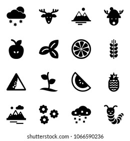 Solid vector icon set - snowfall vector, christmas deer, mountains, hat, apple, three leafs, lemon slice, spica, landslide road sign, sproute, watermelone, pineapple, flower, snow, toy caterpillar