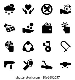 Solid vector icon set - snowfall vector, heart care, fork spoon plate, investment, cash pay, wallet, hand touch, cursor, social, rich, fretsaw, drill machine, Angular grinder, lawn mower