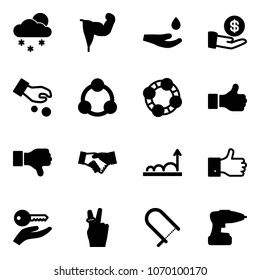Solid vector icon set - snowfall vector, power hand, drop, investment, social, friends, like, dislike, agreement, growth, finger up, key, victory, fretsaw, drill