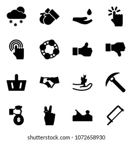 Solid vector icon set - snowfall vector, gloves, drop hand, touch, cursor, friends, like, dislike, basket, agreement, sproute, rock axe, rich, victory, jointer, metal hacksaw