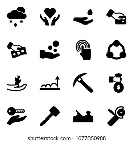 Solid vector icon set - snowfall vector, heart care, drop hand, card pay, cash, cursor, social, sproute, growth, rock axe, rich, key, rubber hammer, jointer, Angular grinder