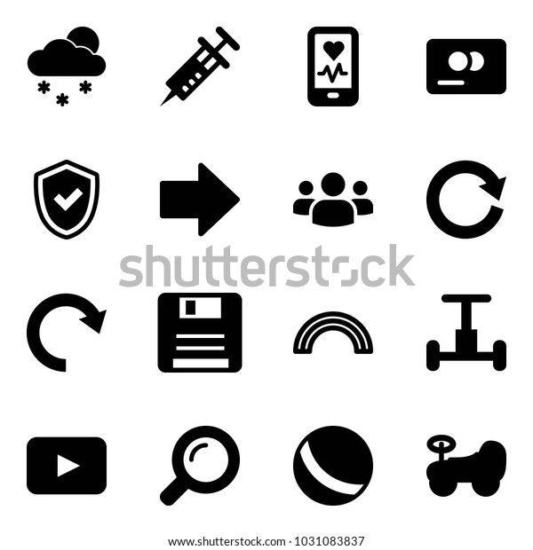 Solid vector icon set - snowfall vector, syringe,\
mobile heart monitor, credit card, shield check, right arrow,\
group, reload, redo, save, rainbow, gyroscope, playback, magnifier,\
ball, baby car