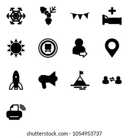 Solid vector icon set - snowflake vector, holly, flag garland, hospital bed, sun, no dangerous cargo road sign, user login, map pin, rocket, megaphone, mountain, information exchange