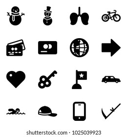 Solid vector icon set - snowman vector, lungs, bike, credit card, globe, right arrow, heart, key, flag, limousine, swimming, cap, mobile phone, scythe