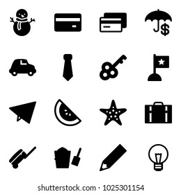 Solid vector icon set - snowman vector, credit card, insurance, car, tie, key, flag, paper fly, watermelone, starfish, suitcase, bucket scoop, pencil, bulb