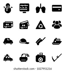 Solid vector icon set - snowman vector, diagnostic monitor, lungs, credit card, round motion road sign, group, car, cap, suitcase, cruiser, baggage, printer wireless, camera, scythe