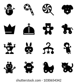 Solid vector icon set - snowman vector, lollipop, dog, crown, bear toy, wheel horse, robot, rabbit, baby carousel, doll, monster, duck, cat