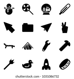 Solid vector icon set - snowman vector, lollipop, snowball house, thermometer, cursor, folder, paper plane, victory, lounger, tent, wrench, screw, wood drill, duck toy, rocket, tambourine