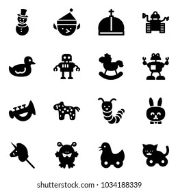 Solid vector icon set - snowman vector, christmas elf, crown, robot, duck toy, rocking horse, horn, caterpillar, rabbit, unicorn stick, monster, cat