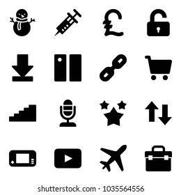 Solid vector icon set - snowman vector, syringe, pound, unlocked, download, pause, link, cart, stairs, microphone, stars, up down arrows, game console, playback, plane, tool box