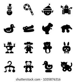 Solid vector icon set - snowman vector, lollipop, christmas elf, robot, duck toy, crocodile, dinosaur, elephant wheel, doll, bear, rabbit, baby carousel, cat