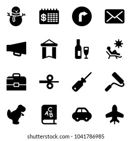 Solid vector icon set - snowman vector, finance calendar, only right road sign, mail, loudspeaker, pennant, wine, beach, case, steel rolling, screwdriver, paint roller, dinosaur toy, abc book, car