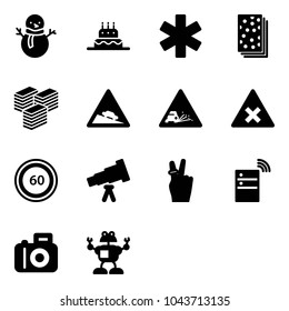 Solid vector icon set - snowman vector, cake, ambulance star, breads, big cash, steep descent road sign, gravel, railway intersection, speed limit 60, telescope, victory, server wireless, camera