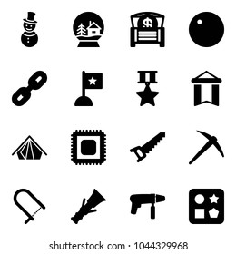 Solid vector icon set - snowman vector, snowball house, money chest, record, link, flag, star medal, pennant, tent, cpu, saw, axe, fretsaw, dowel, drill machine, cube hole toy