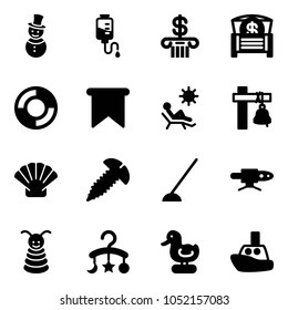 Solid vector icon set - snowman vector, drop counter, bank, money chest, lifebuoy, flag, beach, ship bell, shell, screw, hoe, pipe welding, pyramid toy, baby carousel, duck, boat