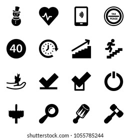 Solid vector icon set - snowman vector, heart pulse, mobile payment, tax peage road sign, minimal speed limit, clock around, growth, career, hand sproute, check, standby button, crown drill, beanbag