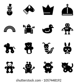 Solid vector icon set - snowman vector, dog, crown, rainbow, robot, duck toy, wheel horse, bear, caterpillar, rabbit, monster, cat