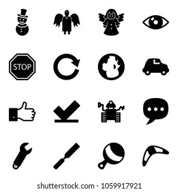 Solid vector icon set - snowman vector, angel, eye, stop road sign, reload, globe, car, finger up, check, robot, chat, wrench, rasp, beanbag, boomerang
