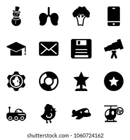 Solid vector icon set - snowman vector, lungs, broccoli, phone, graduate hat, mail, save, telescope, gear globe, circle chart, award, star medal, moon rover, chicken toy, plane, helicopter