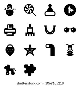 Solid vector icon set - snowman vector, lollipop, christmas hat, only forward right road sign, printer, bank building, luck, sunglasses, strawberry, starfish, allen key, pyramid toy, wheel horse