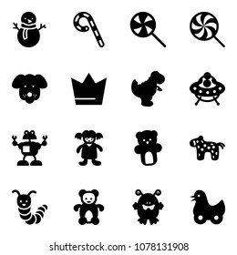 Solid vector icon set - snowman vector, lollipop, dog, crown, dinosaur toy, ufo, robot, doll, bear, horse, caterpillar, monster, duck