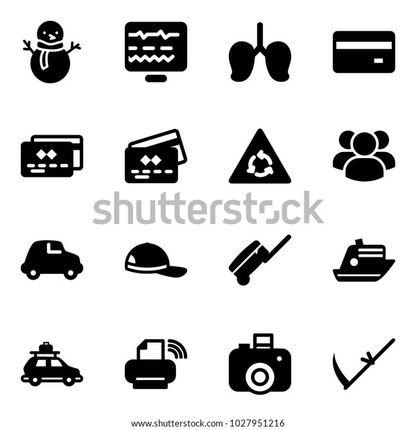 Solid vector\
icon set - snowman vector, diagnostic monitor, lungs, credit card,\
round motion road sign, group, car, cap, suitcase, cruiser,\
baggage, printer wireless, camera,\
scythe