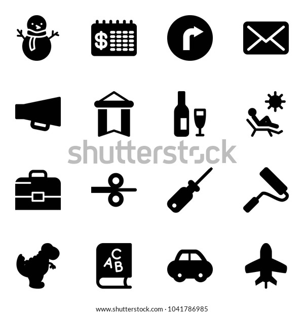 Solid vector icon set - snowman vector, finance\
calendar, only right road sign, mail, loudspeaker, pennant, wine,\
beach, case, steel rolling, screwdriver, paint roller, dinosaur\
toy, abc book, car