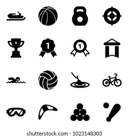 Solid vector icon set - snowmobile vector, basketball ball, weight, target, win cup, gold medal, pennant, swimming, volleyball, fishing, bike, protective glasses, boomerang, billiards balls