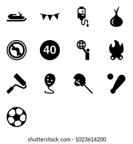 Solid vector icon set - snowmobile vector, flag garland, drop counter, onion, no left turn road sign, minimal speed limit, world, fire, paint roller, balloon smile, horse stick toy, baseball bat