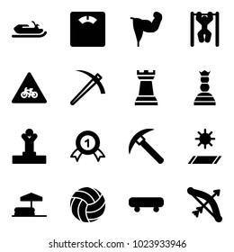 Solid vector icon set - snowmobile vector, floor scales, power hand, pull ups, road for moto sign, job, chess tower, queen, winner, gold medal, rock axe, mat, inflatable pool, volleyball, skateboard