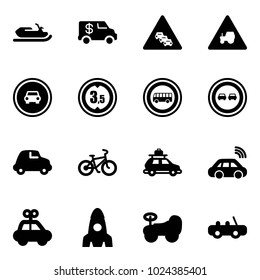 Solid vector icon set - snowmobile vector, encashment car, multi lane traffic road sign, tractor way, no, limited height, bus, overtake, bike, baggage, wireless, toy, rocket, baby