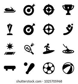 Solid vector icon set - snowmobile vector, target, gold cup, pennant, flying man, mat, badminton, surfing, fishing, skateboard, baseball bat, soccer ball, beach