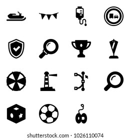 Solid vector icon set - snowmobile vector, flag garland, drop counter, no truck overtake road sign, shield check, magnifier, gold cup, pennant, parasol, lighthouse, bezier, cube toy, soccer ball