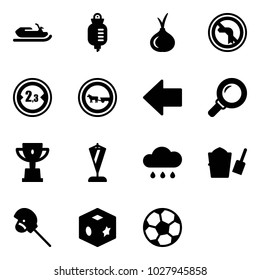Solid vector icon set - snowmobile vector, drop counter, onion, no left turn road sign, limited width, cart horse, arrow, magnifier, win cup, pennant, rain cloud, bucket scoop, stick toy, cube
