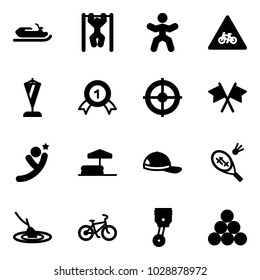 Solid vector icon set - snowmobile vector, pull ups, gymnastics, road for moto sign, pennant, gold medal, target, flags cross, flying man, inflatable pool, cap, badminton, fishing, bike, piston