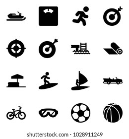 Solid vector icon set - snowmobile vector, floor scales, run, target, pool, mat, inflatable, surfing, windsurfing, cabrio, bike, protective glasses, soccer ball, basketball