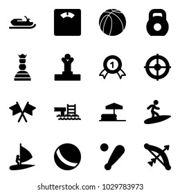Solid vector icon set - snowmobile vector, floor scales, basketball ball, weight, chess queen, winner, gold medal, target, flags cross, pool, inflatable, surfing, windsurfing, baseball bat, bow