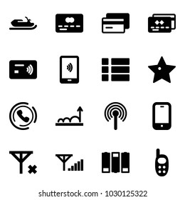 Solid vector icon set - snowmobile vector, credit card, tap pay, mobile payment, menu, star, phone horn, growth, antenna, no signal, fine, battery, toy