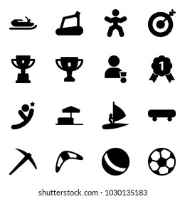 Solid vector icon set - snowmobile vector, treadmill, gymnastics, target, win cup, gold, winner, medal, flying man, inflatable pool, windsurfing, skateboard, axe, boomerang, ball, soccer