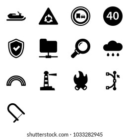 Solid vector icon set - snowmobile vector, round motion road sign, no truck overtake, minimal speed limit, shield check, network folder, magnifier, rain cloud, rainbow, lighthouse, fire, bezier