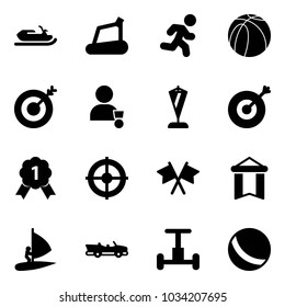 Solid vector icon set - snowmobile vector, treadmill, run, basketball ball, target, winner, pennant, gold medal, flags cross, windsurfing, cabrio, gyroscope