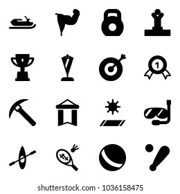 Solid vector icon set - snowmobile vector, power hand, weight, winner, win cup, pennant, target, gold medal, rock axe, mat, diving, kayak, badminton, ball, baseball bat