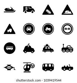 Solid vector icon set - snowmobile vector, encashment car, multi lane traffic road sign, climb, tractor way, no, moto, overtake, bus, electric, baggage, moon rover, jack, helicopter toy