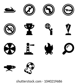 Solid vector icon set - snowmobile vector, no parkin odd, left turn road sign, cart horse, end minimal speed limit, win cup, world, pennant, parasol, lighthouse, fire, magnifier, pipe welding