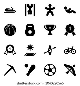 Solid vector icon set - snowmobile vector, pull ups, gymnastics, abdominal muscles, basketball ball, weight, gold cup, medal, mat, kayak, bike, axe, baseball bat, soccer, bow